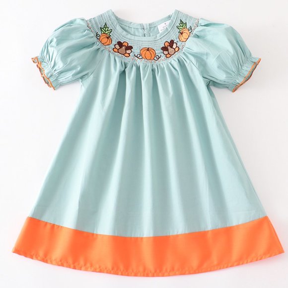 Petit Bebe Girls Pink Check Smocked Thanksgiving Turkeys Dress with Collar